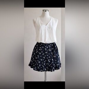 LOFT Navy Black Floral Ruffle Wrap Skort